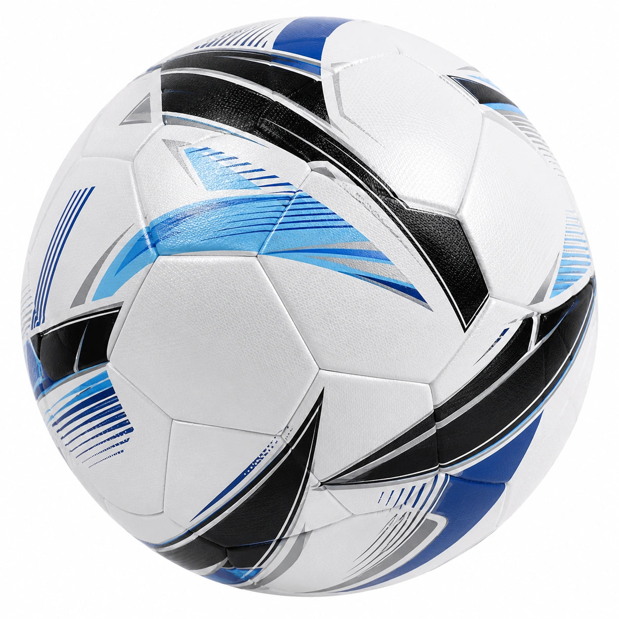 Balón de fútbol blanco/azul/negro con diseño geométrico