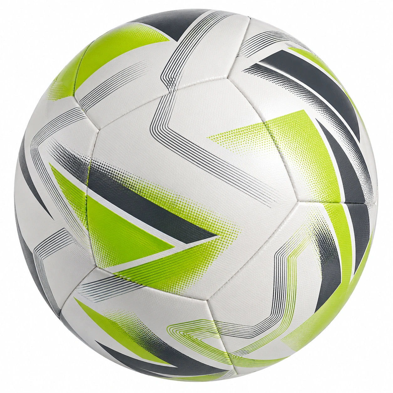 Balón de fútbol blanco con verde y negro, costuras a máquina