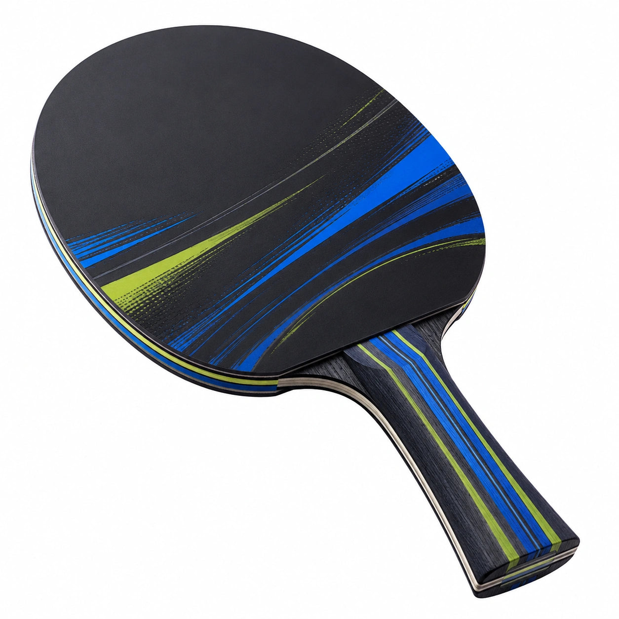 Raqueta Profesional de Tenis de Mesa Negra con Detalles Azules y Verdes